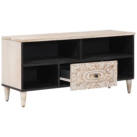 Mobile TV Bianco 100 x 33,5 x 46 cm Legno di mango massello - Foto 2