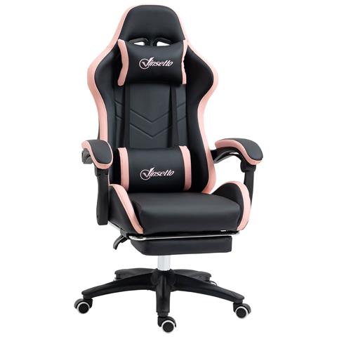 Sedia Da Gaming Ad Altezza Regolabile Con Poggiatesta, 65x65x121-129 Cm, Rosa E Nero - Foto 1