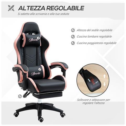 Sedia Da Gaming Ad Altezza Regolabile Con Poggiatesta, 65x65x121-129 Cm, Rosa E Nero - Foto 2