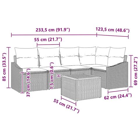 Set divani da giardino 6 pezzi con cuscini Beige Rattan Poliestere - Foto 9