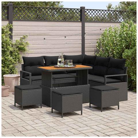 Set Divano da Giardino  9 Pezzi con Cuscini in Rattan Polivinilico Nero, Divano da Giardino  2 Posti con Cuscini in Rattan Polivinilico Nero, Set da Giardino  4 Pezzi con Cuscini in Rattan Polivinilico Nero - Foto 2