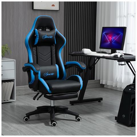 Sedia Da Gaming Con Altezza Regolabile E Schienale Reclinabile, 65x65x121-129 Cm, Blu E Nero - Foto 2