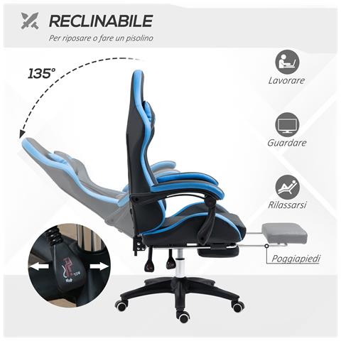 Sedia Da Gaming Con Altezza Regolabile E Schienale Reclinabile, 65x65x121-129 Cm, Blu E Nero - Foto 6