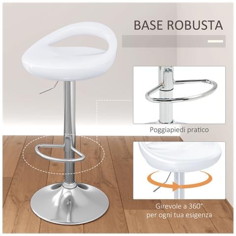 Set 2 Sgabelli da Bar Girevoli con Poggiapiedi, Altezza Regolabile Base in Acciaio Seduta in ABS, Bianco - Foto 6