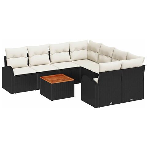 Set di Divani da Giardino 9 Pezzi con Cuscini Nero Polyrattan Acacia - Foto 1