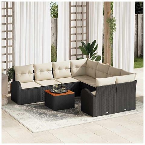 Set di Divani da Giardino 9 Pezzi con Cuscini Nero Polyrattan Acacia - Foto 2