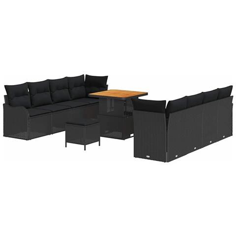 Set di divani da giardino in 11 pezzi con cuscini neri in rattan poliestere e acacia,  Divano da giardino per 2 persone con cuscini neri in rattan poliestere,  Set da pranzo da giardino in 3 pezzi con cuscini neri in rattan poliestere e acacia - Foto 1