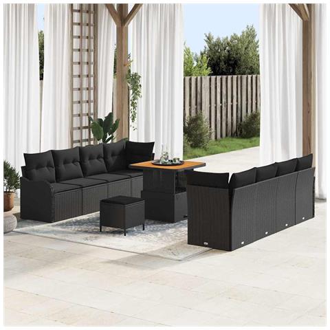 Set di divani da giardino in 11 pezzi con cuscini neri in rattan poliestere e acacia,  Divano da giardino per 2 persone con cuscini neri in rattan poliestere,  Set da pranzo da giardino in 3 pezzi con cuscini neri in rattan poliestere e acacia - Foto 2