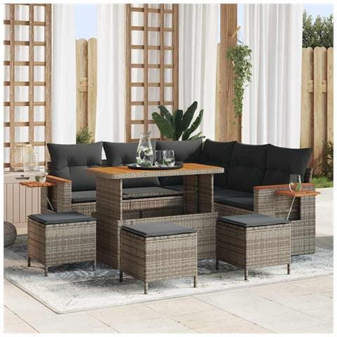 Set Divano da Giardino con cuscino 9 pcs Grigio Poly Rattan - Foto 2