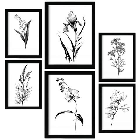 Set Di 6 Stampe Delicate Stampe Floreali E Botaniche Con Motivi Floreali In Un Classico Design D'interni In Bianco E Nero A3 & A4 Senza Cornice - Foto 1