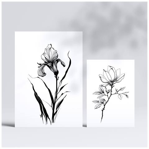 Set Di 6 Stampe Delicate Stampe Floreali E Botaniche Con Motivi Floreali In Un Classico Design D'interni In Bianco E Nero A3 & A4 Senza Cornice - Foto 2