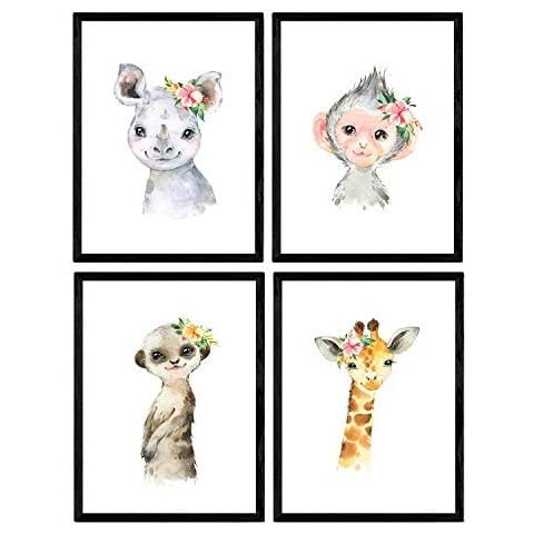 Set Di 4 Stampe Fogli Con Illustrazioni Di Animali Poster Con Immagini Per Bambini Di Animali Giraffe Monkey Rhinoceros E Suricata Senza Cornice A4 - Foto 1