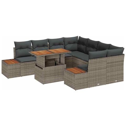 Set da Pranzo da Giardino 9 Pezzi con Cuscini Grigio in Vimini e Acacia - Foto 1