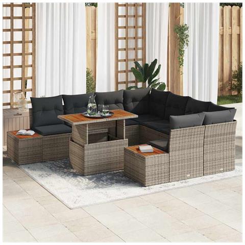 Set da Pranzo da Giardino 9 Pezzi con Cuscini Grigio in Vimini e Acacia - Foto 2