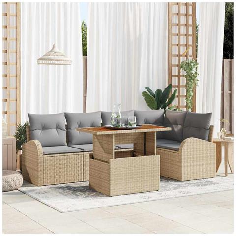 Set Divani da Giardino 6 Pezzi con Cuscini Beige Rattan Polimerico, Divano da Giardino 2 Posti con Spazio di Stoccaggio e Cuscini Beige Rattan Polimerico - Foto 2