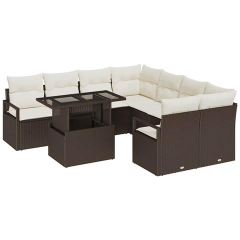 Set Divano da Giardino  9 Pezzi con Cuscini Marrone Polyrattan, Divano da Giardino  a 2 Posti con Cuscini Marrone Polyrattan - Foto 1