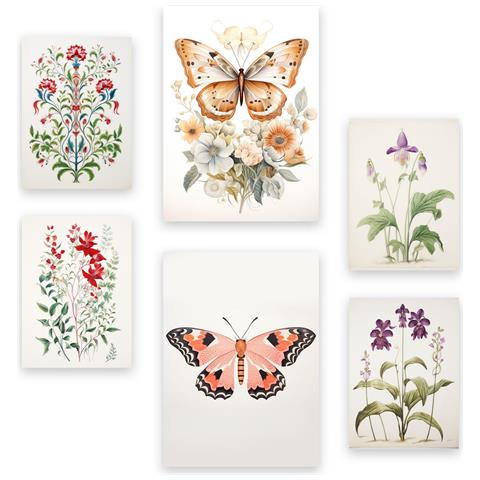 Set Di 6 Stampe Fiori E Farfalle Nelle Stampe Decorative Estetiche Per La Cameretta Dei Bambini Per Il Tuo Soggiorno, Camera Da Letto, Casa A3 & A4 Senza Cornice - Foto 1