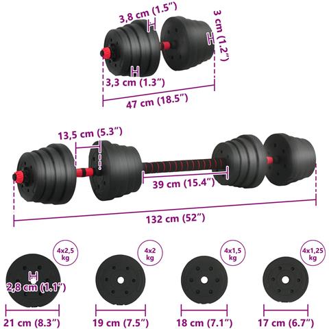 Set Manubri e Bilanciere 2-in-1 30kg Nero e Rosso - Foto 8