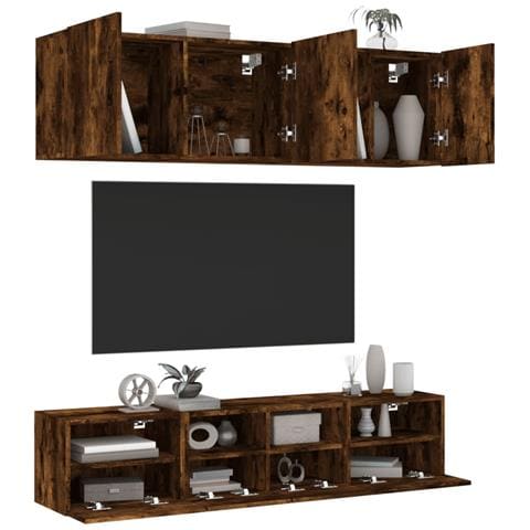 Mobili Tv A Muro 5pz Rovere Fumo In Legno Multistrato - Foto 1
