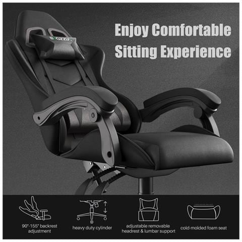 Sedia Gaming, Sedia Girevole Ergonomica, Pu Poltrona Racing (nero) - Foto 2