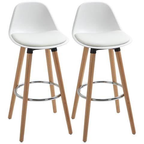 Set 2 Sgabelli da Bar Stile Nordico con Schienale, Cuscino e Poggiapiedi, Legno e Plastica, Bianco - Foto 1