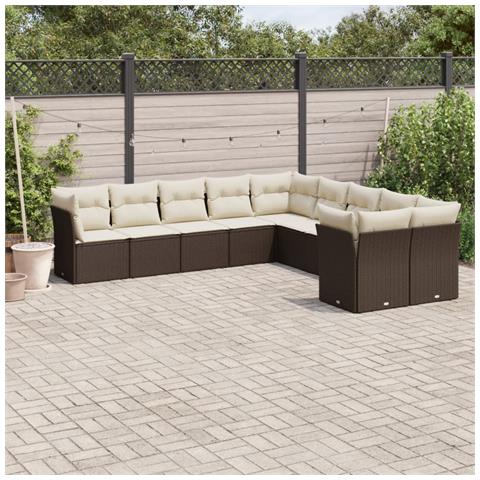 Set Divani Da Giardino 10pz Con Cuscini In Polyrattan Marrone - Foto 1
