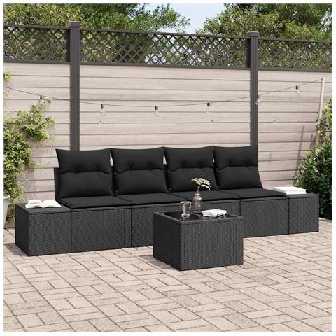 Set Divano Giardino 5 Pezzi Con Cuscini Nero Polyrattan - Foto 2