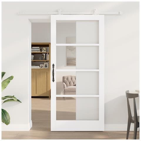 Porta scorrevole  con kit di ferramenta 'ORKDAL'Bianco Legno Massello e Vetro, Porta interna  con vetro 'ORKDAL'Bianco 93x202x4 cm - Foto 2