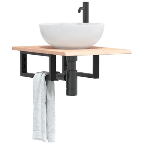 Ripiano a Parete per Lavabo in Acciaio e Massello di Rovere - Foto 2