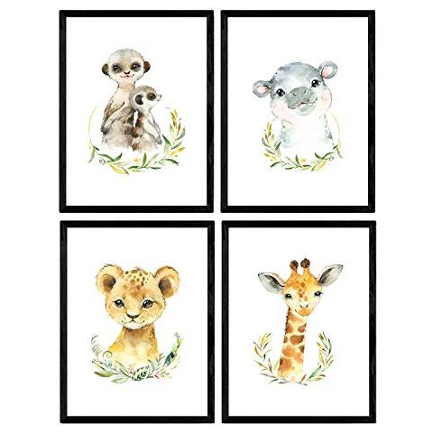 Set Di 4 Stampe Fogli Con Illustrazioni Di Animali. Poster Con Immagini Per Bambini Di Animali. Giraffa Hipopotamo Uricatas E Leon .. Senza Cornice A3 - Foto 1