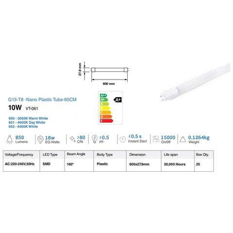 Neon A Led Tubo 60 Cm 10w G13 T8 Samsung Luce Calda 3000k V Tac Vt-061 650 - Foto 2