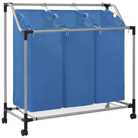 VIDAXL Portabiancheria con 3 Scomparti in Acciaio Blu