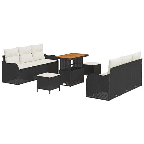 Set di Divani da Giardino 9 pezzi con cuscini Nero Polyrattan Acacia, Divano da Giardino 2 Posti con Cuscini Nero Polyrattan, Set di Pranzo Giardino 3 Pezzi con Cuscini Nero Polyrattan Acacia - Foto 1