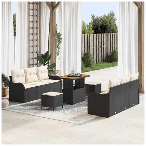 Set di Divani da Giardino 9 pezzi con cuscini Nero Polyrattan Acacia, Divano da Giardino 2 Posti con Cuscini Nero Polyrattan, Set di Pranzo Giardino 3 Pezzi con Cuscini Nero Polyrattan Acacia - Foto 2