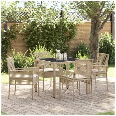 Set da Pranzo da Giardino a 5 Pezzi con Cuscini Beige in Polyrattan - Foto 2