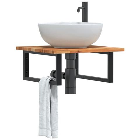 Ripiano a Parete per Lavabo in Acciaio e Massello di Acacia - Foto 2