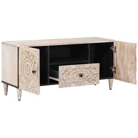 Mobile TV Bianco 105 x 33,5 x 46 cm Legno di mango massello - Foto 2