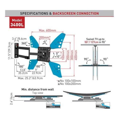Supporto A Parete Per Tv Piatto / curvo 3400l Supporto A Parete, Movimento Completo, 40-70 "", Peso Massimo (capacità) 40 Kg, Nero - Foto 1