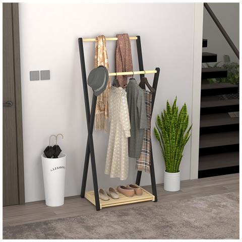 Appendiabiti Da Terra In Legno Con 2 Barre E Ripiano Inferiore Design Moderno, 61x45x152cm - Foto 2