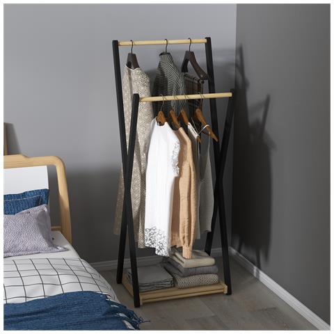 Appendiabiti Da Terra In Legno Con 2 Barre E Ripiano Inferiore Design Moderno, 61x45x152cm - Foto 6