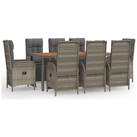 Set da Pranzo da Giardino 9 pz con Cuscini in Polyrattan Grigio - Foto 1