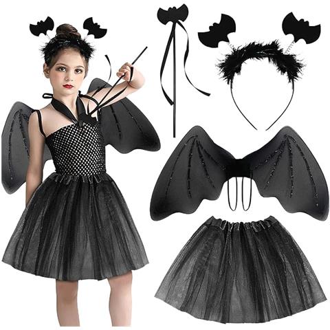 Costume Da Pipistrello Per Bambina - Set Completo Per Halloween - Nero 4 Pezzi - Foto 1