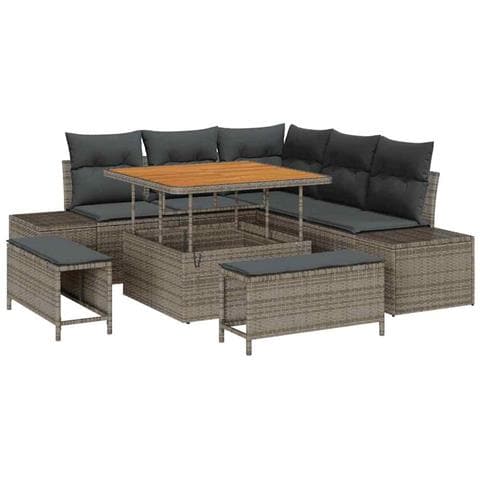 Set Divano da Giardino con Cuscini 8 Pezzi Grigio Rattan Poli Acacia, Divano da Giardino a 2 Posti con Cuscini Grigio Rattan Poli, Set da Pranzo da Giardino 3 Pezzi con Cuscini Grigio Rattan Poli Acacia - Foto 1