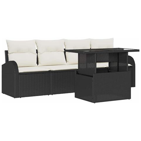 Set Divano Giardino 5 Pezzi con Cuscini Nero Polyrattan, Divano Giardino 2 Posti con Ripostiglio e Cuscini Nero Polyrattan - Foto 1