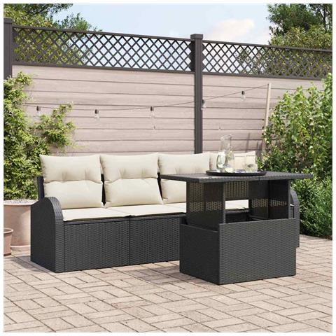 Set Divano Giardino 5 Pezzi con Cuscini Nero Polyrattan, Divano Giardino 2 Posti con Ripostiglio e Cuscini Nero Polyrattan - Foto 2