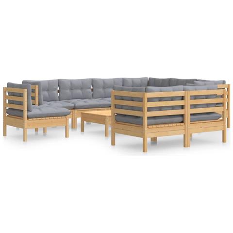 Set Divani da Giardino 10 pz con Cuscini Grigi Massello di Pino - Foto 1