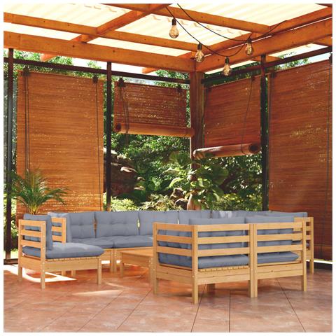 Set Divani da Giardino 10 pz con Cuscini Grigi Massello di Pino - Foto 2