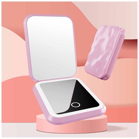 Specchio Per Trucco Led Ricaricabile Con Ingrandimento 3x - Specchio Da Viaggio Portatile Pink - Foto 2