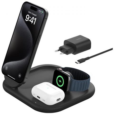 Caricabatteria Wireless per Smartphones Smartwatch Cuffie con Potenza 15 W Colore Nero - Foto 1