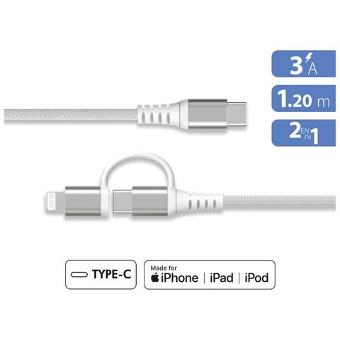 Cavo Rinforzato 2 In 1 Da Usb-c/lightning Mfi A Usb-c 3a Pd 60w 1,2 M, Bianco - Foto 2